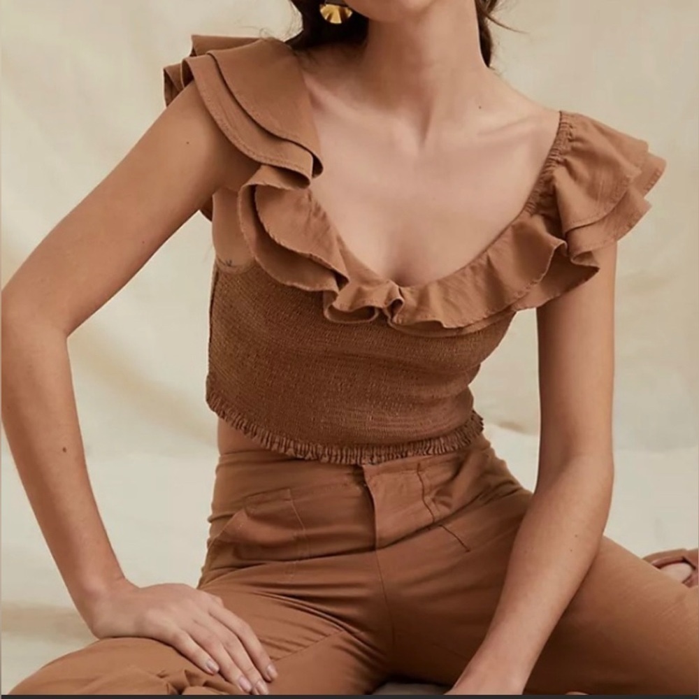 NWT Anthropologie Maeve Ruffled Smocked Top in Neutral/Size 14P
